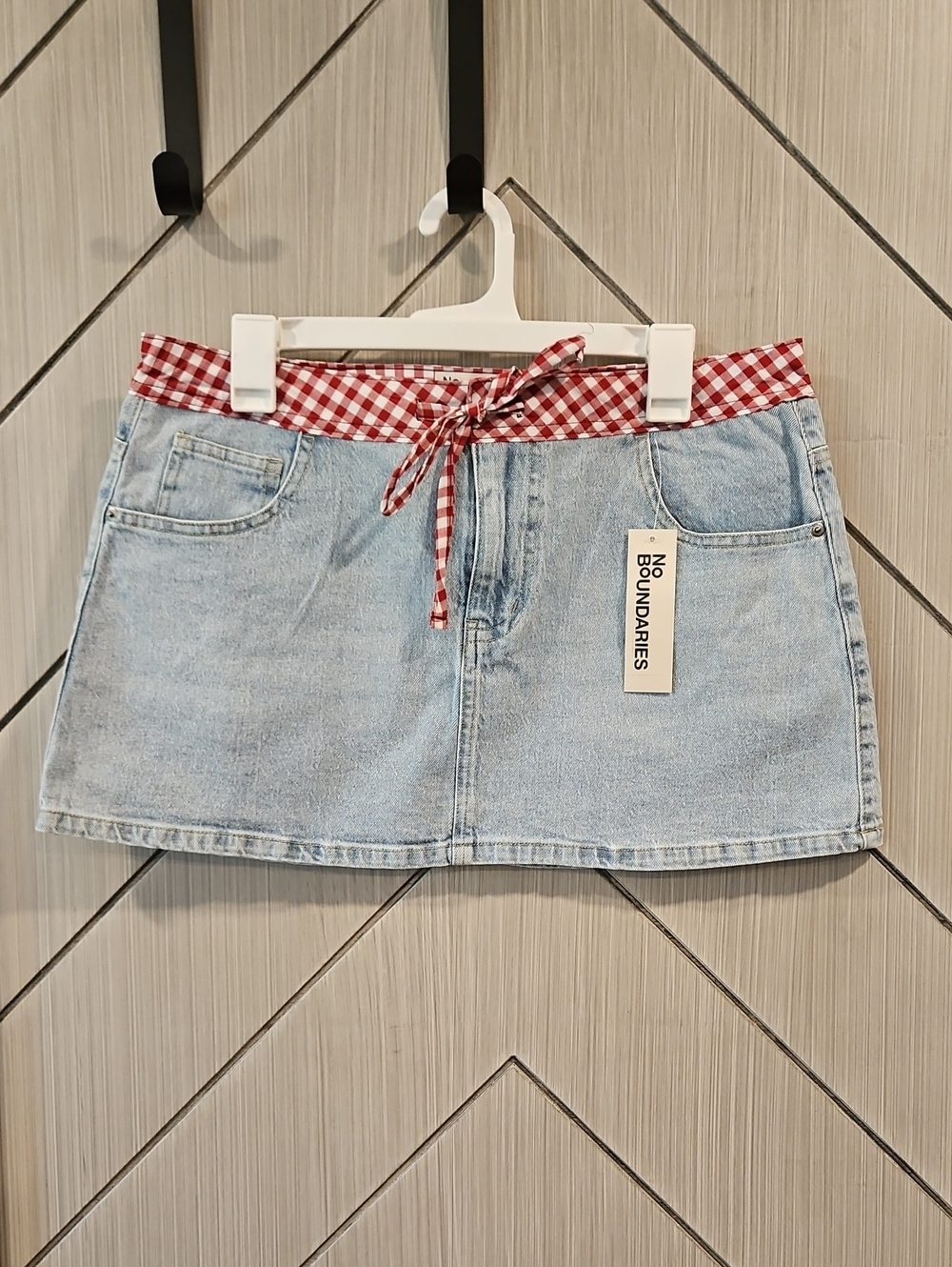 No Boundaries Light Wash Denim Mini Skirt with Red Gingham Waist and Tie